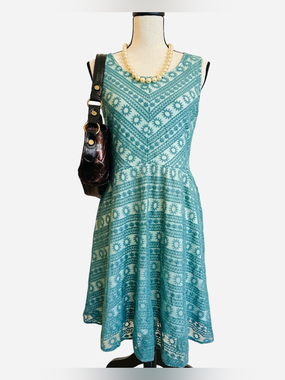 Altar’d State Teal Lace Fit & Flare Dress Sleeveless Boho Chic Medium - Picture 9 of 9